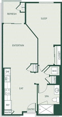 Floor plan for 1 bed, 1 bath, 707 sqft