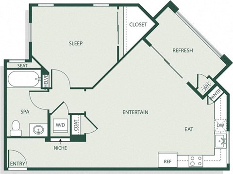 Floor plan for 1 bed, 1 bath, 735 sqft
