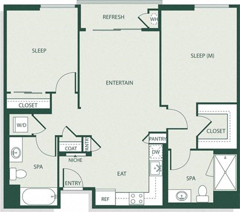 Floor plan for 2 beds, 2 baths, 926 sqft