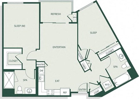 Floor plan for 2 beds, 2 baths, 954 sqft