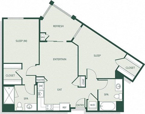 Floor plan for 2 beds, 2 baths, 954 sqft