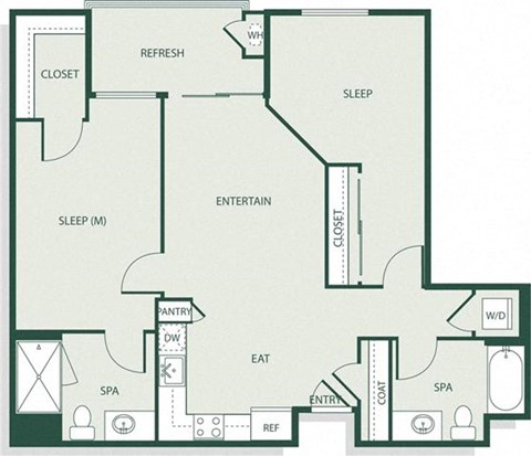 Floor plan for 2 beds, 2 baths, 990 sqft