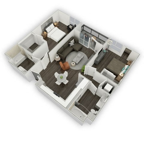 Floor plan for 2 beds, 2 baths, 1033 sqft