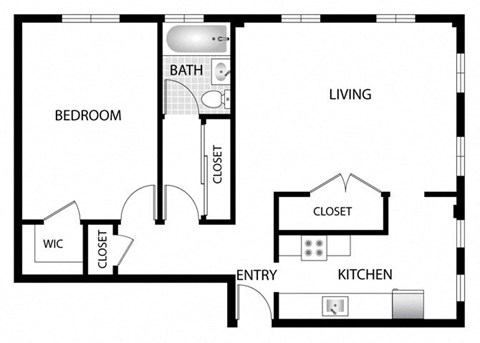 Floor plan for 1 bed, 1 bath, 650 sqft