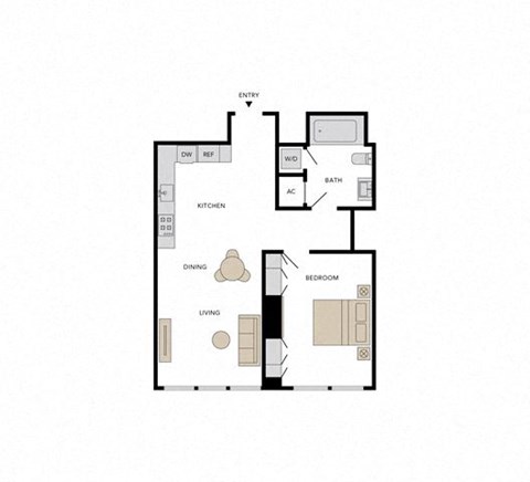 Floor plan for 1 bed, 1 bath, 822 sqft