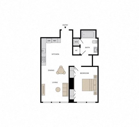 Floor plan for 1 bed, 1 bath, 822 sqft