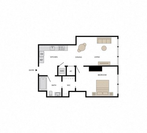 Floor plan for 1 bed, 1 bath, 855 sqft