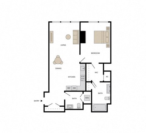 Floor plan for 1 bed, 1.5 baths, 1001 sqft