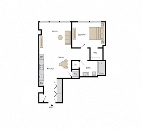 Floor plan for 1 bed, 1 bath, 864 sqft