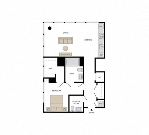 Floor plan for 1 bed, 1.5 baths, 950 sqft