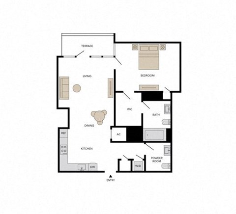 Floor plan for 1 bed, 1.5 baths, 1026 sqft