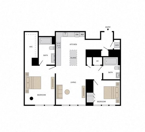 Floor plan for 2 beds, 2 baths, 1323 sqft