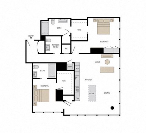 Floor plan for 2 beds, 2.5 baths, 1602 sqft