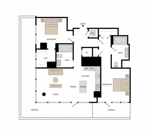 Floor plan for 2 beds, 2 baths, 1344 sqft