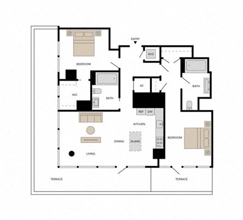 Floor plan for 2 beds, 2 baths, 1344 sqft