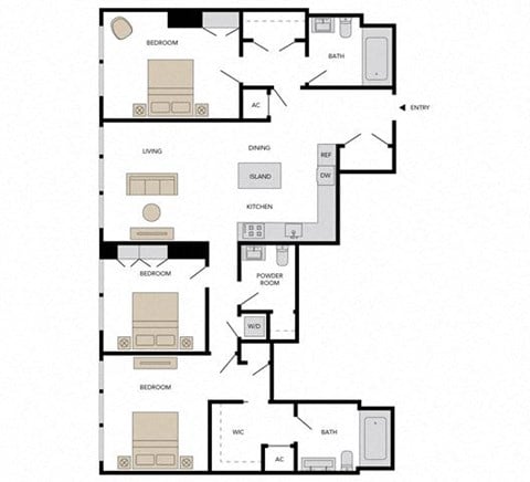 Floor plan for 3 beds, 2.5 baths, 1626 sqft