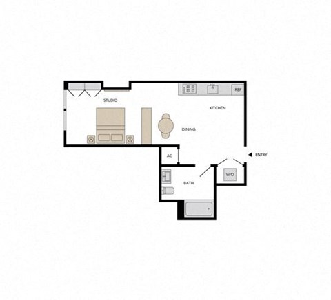 Floor plan for studio, 1 bath, 646 sqft