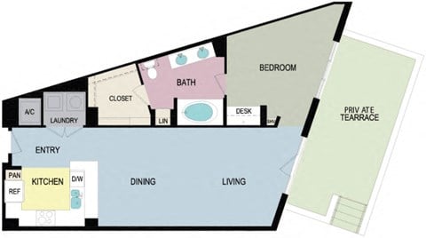Floor plan for 1 bed, 1 bath, 975 sqft
