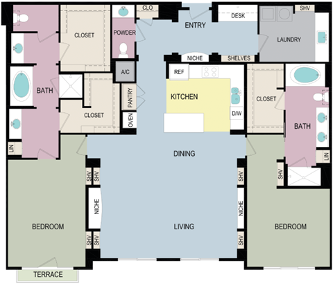 Floor plan for 2 beds, 2.5 baths, 2077 sqft