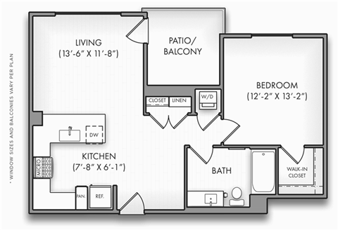 Floor plan for 1 bed, 1 bath, 769 sqft