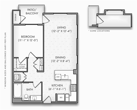Floor plan for 1 bed, 1 bath, 784 sqft
