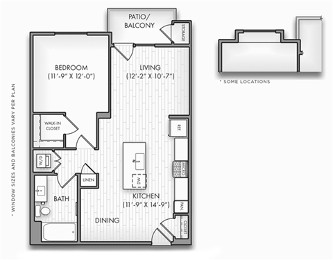 Floor plan for 1 bed, 1 bath, 810 sqft