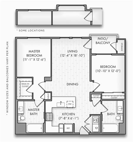 Floor plan for 2 beds, 2 baths, 1073 sqft