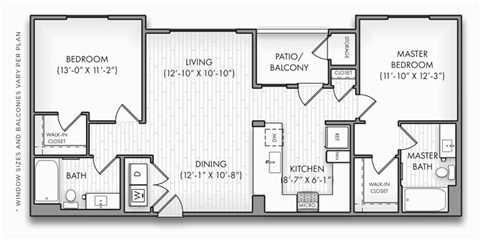 Floor plan for 2 beds, 2 baths, 1142 sqft