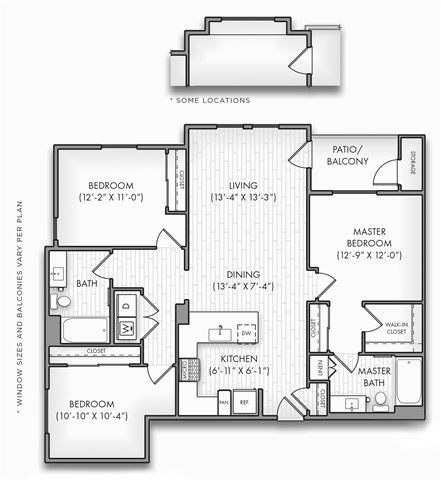 Floor plan for 3 beds, 2 baths, 1348 sqft