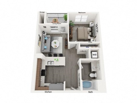 Floor plan for 1 bed, 1 bath, 670 sqft