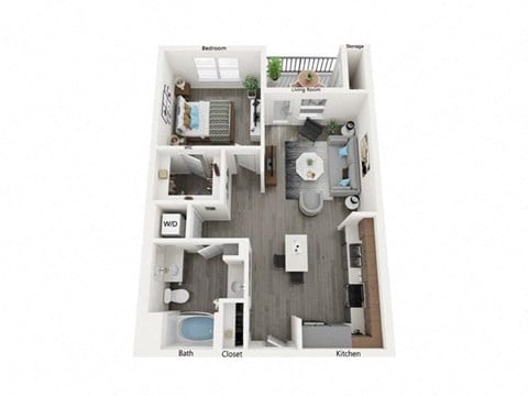 Floor plan for 1 bed, 1 bath, 744 sqft