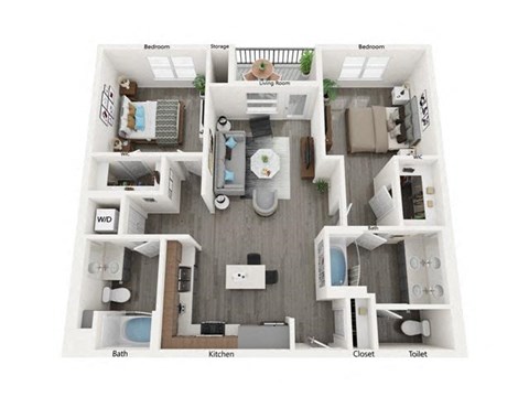 Floor plan for 2 beds, 2 baths, 1105 sqft