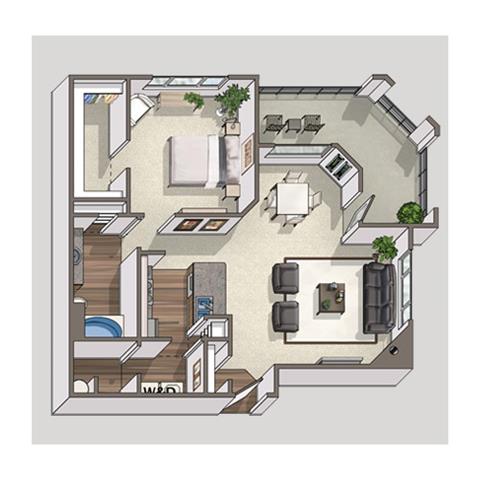 Floor plan for 1 bed, 1 bath, 829 sqft