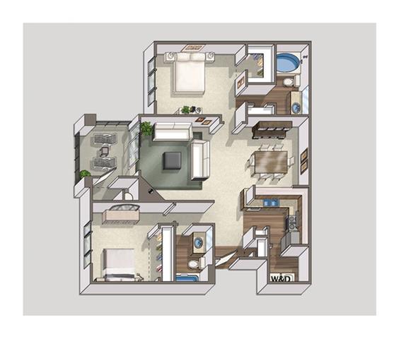 Floor plan for 2 beds, 2 baths, 1042 sqft