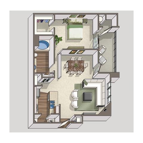 Floor plan for 1 bed, 1 bath, 851 sqft