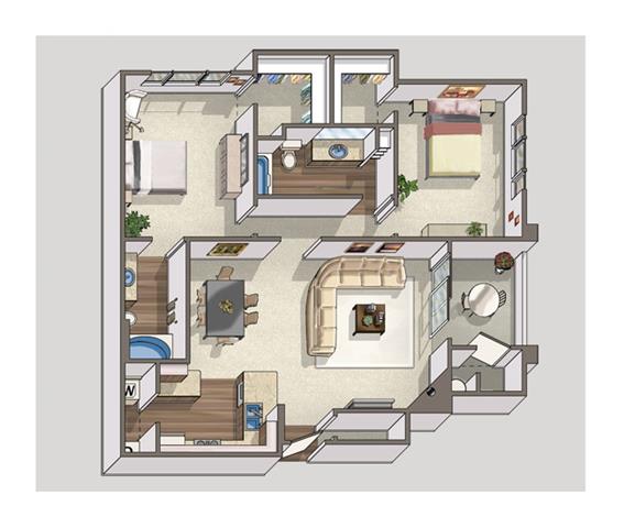 Floor plan for 2 beds, 2 baths, 1118 sqft