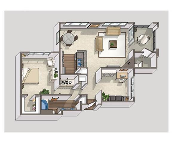 Floor plan for 1 bed, 1 bath, 944 sqft
