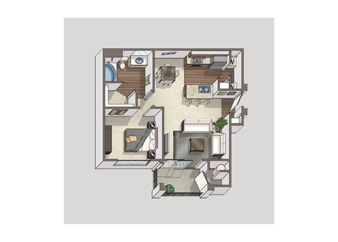 Floor plan for 1 bed, 1 bath, 714 sqft
