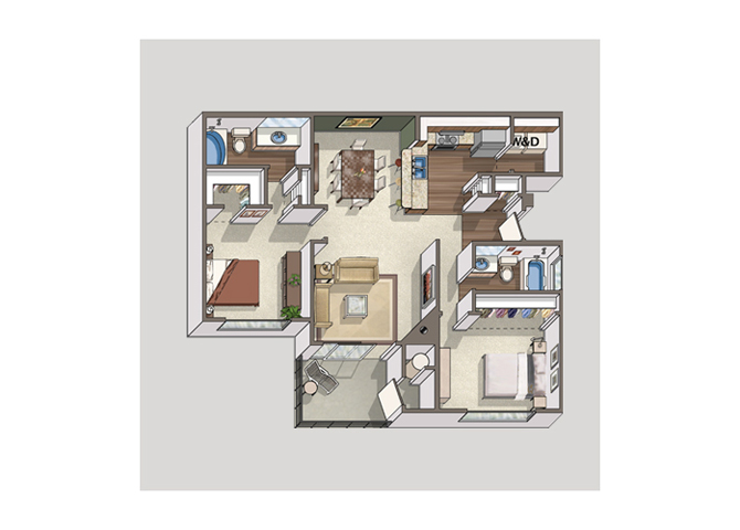 Floor plan for 2 beds, 2 baths, 1041 sqft