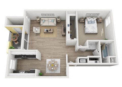 Floor plan for 1 bed, 1 bath, 756 sqft