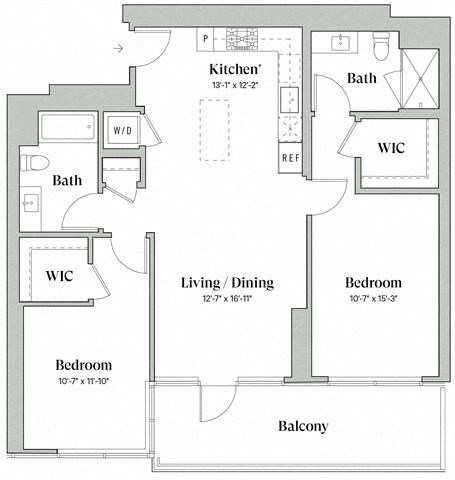 Floor plan for 2 beds, 2 baths, 1089 sqft