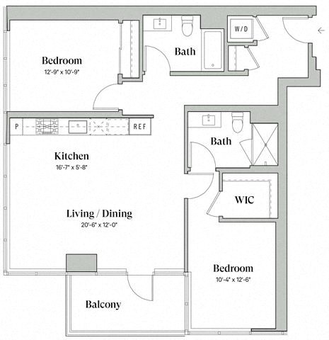 Floor plan for 2 beds, 2 baths, 1127 sqft