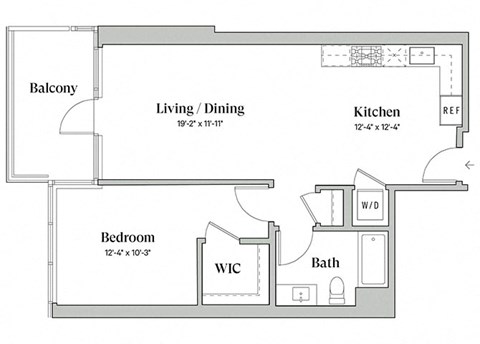 Floor plan for 1 bed, 1 bath, 760 sqft