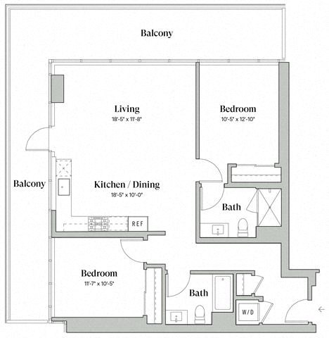Floor plan for 2 beds, 2 baths, 1104 sqft
