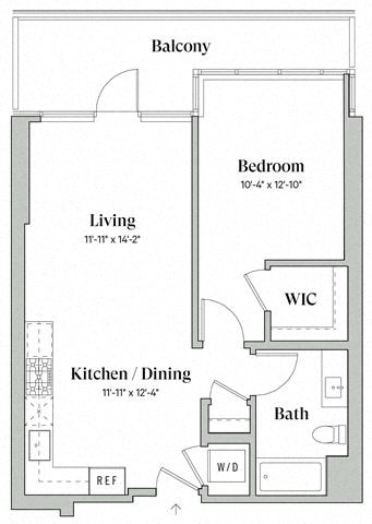 Floor plan for 1 bed, 1 bath, 700 sqft