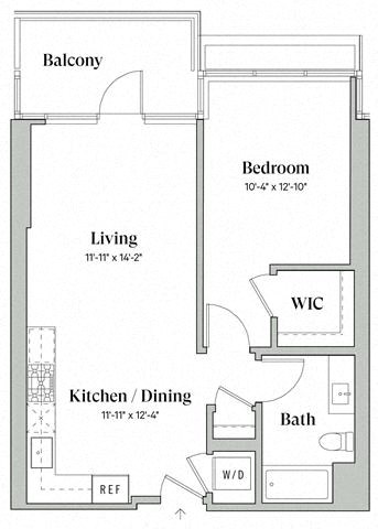 Floor plan for 1 bed, 1 bath, 699 sqft
