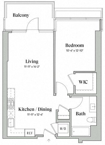 Floor plan for 1 bed, 1 bath, 703 sqft