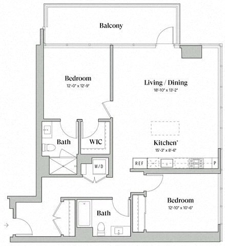 Floor plan for 2 beds, 2 baths, 1182 sqft