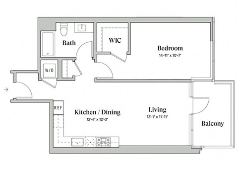 Floor plan for 1 bed, 1 bath, 754 sqft