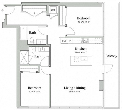 Floor plan for 2 beds, 2 baths, 1199 sqft